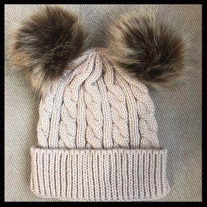 Baby/Toddler Faux Fur Pom Pom Knit Hat Beige